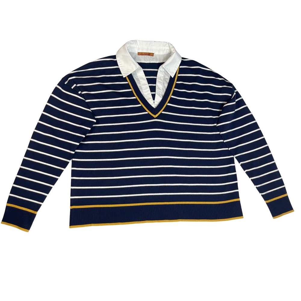 Bellini Navy White‎ Striped Rugby Shirt V Neck White Collar Long Sleeve Nautical